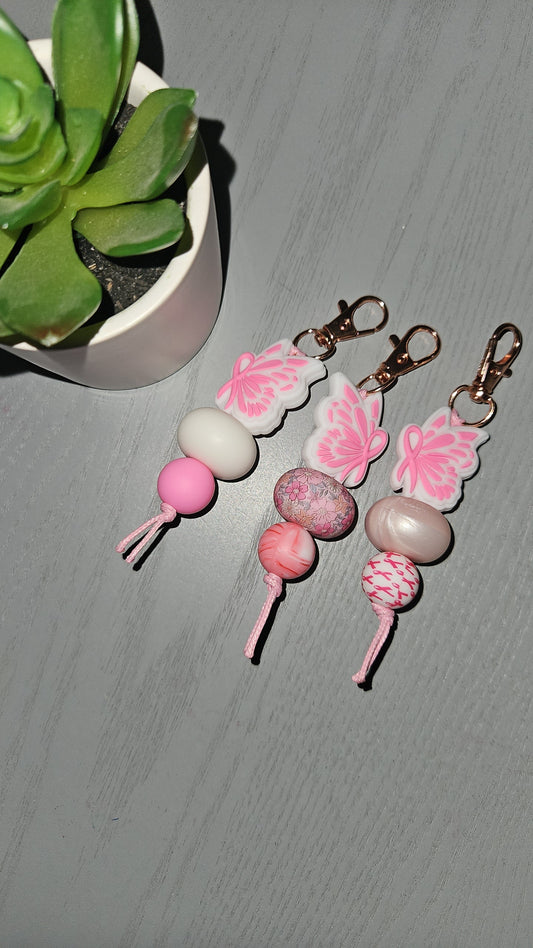 Pink Ribbon Butterfly 3 Beaded Keyring
