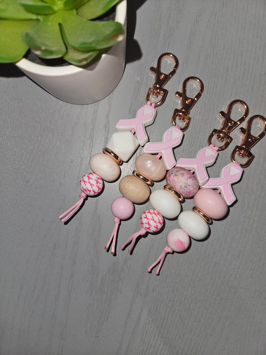 Pink Ribbon 5 Beaded Keyring