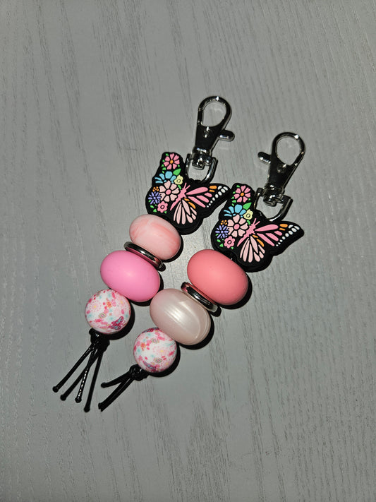 Pink Floral Butterly 5 Beaded Keyring