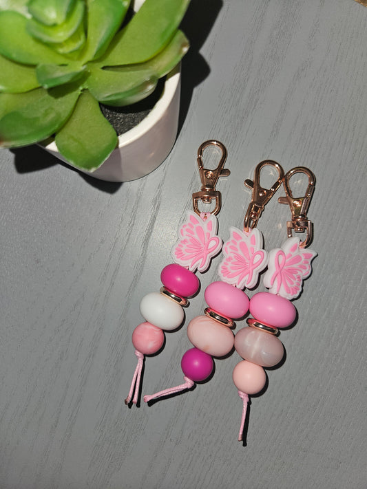 Pink Ribbon Butterfly 5 Beaded Keyring